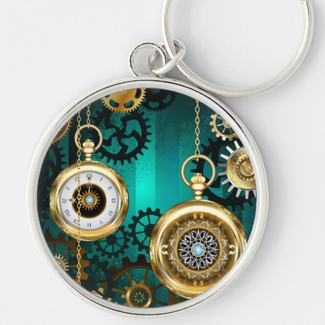Steampunk Jewellery Watch on a Green Background Key Ring (Front)