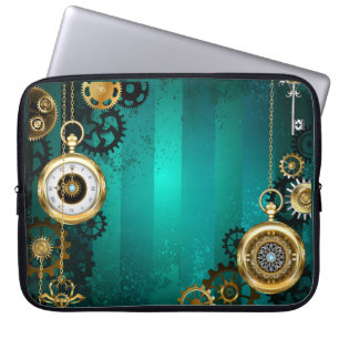 Steampunk Jewellery Watch on a Green Background Laptop Sleeve