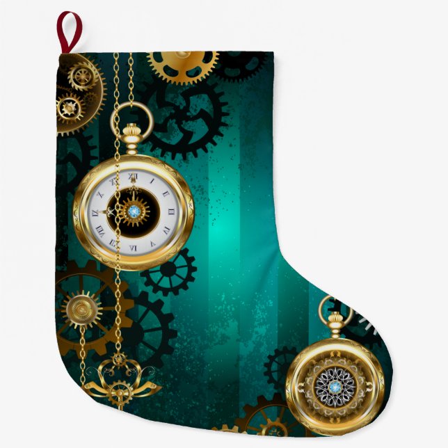 Steampunk Jewellery Watch on a Green Background Large Christmas Stocking (Front)