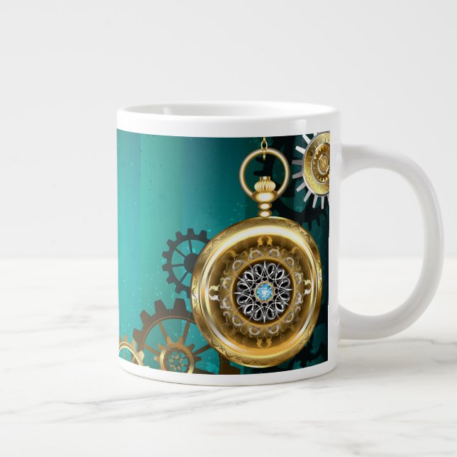 Steampunk Jewellery Watch on a Green Background Large Coffee Mug (Right)