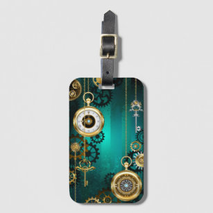 Steampunk Jewellery Watch on a Green Background Luggage Tag