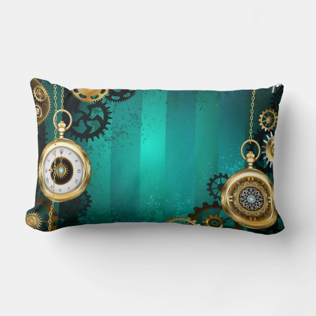 Steampunk Jewellery Watch on a Green Background Lumbar Cushion (Front)