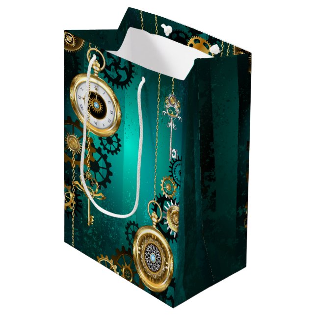 Steampunk Jewellery Watch on a Green Background Medium Gift Bag (Front Angled)