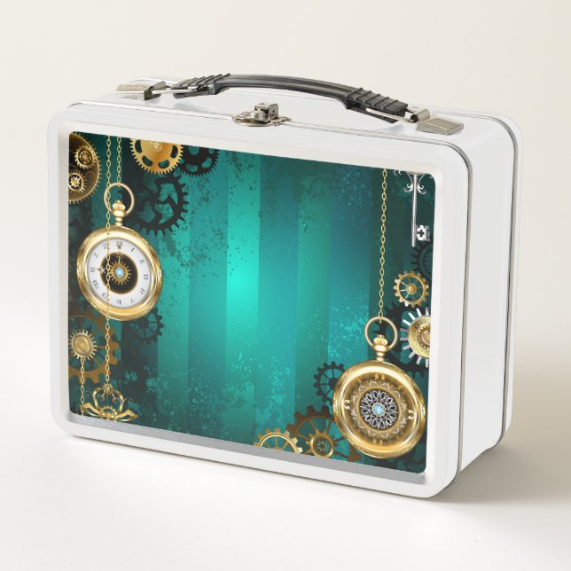 Steampunk Jewellery Watch on a Green Background Metal Lunch Box (Front)