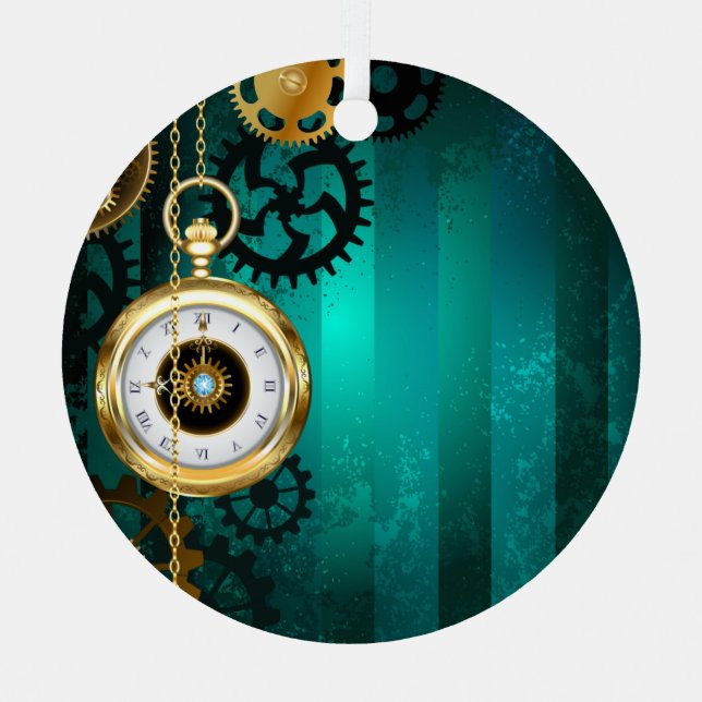Steampunk Jewellery Watch on a Green Background Metal Tree Decoration (Front)