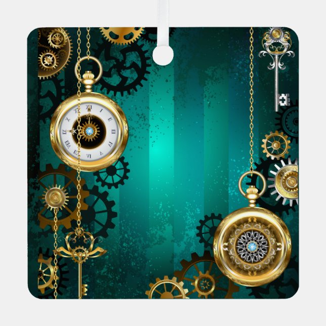 Steampunk Jewellery Watch on a Green Background Metal Tree Decoration (Front)