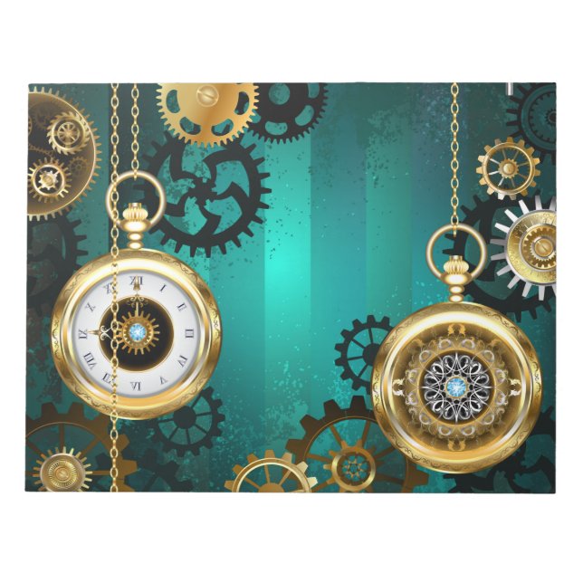 Steampunk Jewellery Watch on a Green Background Notepad (Front)