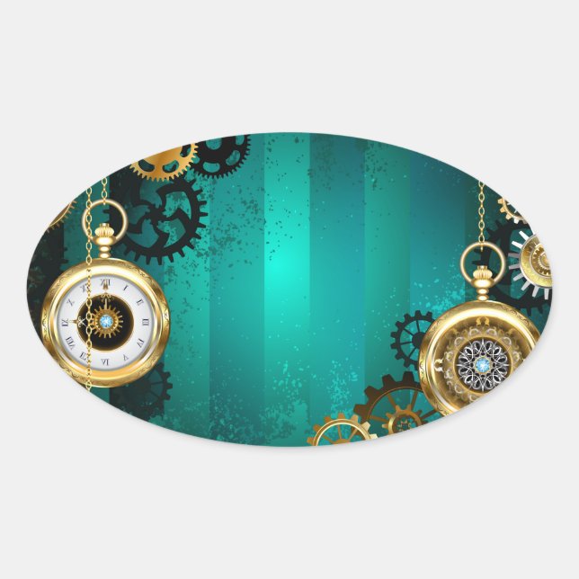 Steampunk Jewellery Watch on a Green Background Oval Sticker (Front)