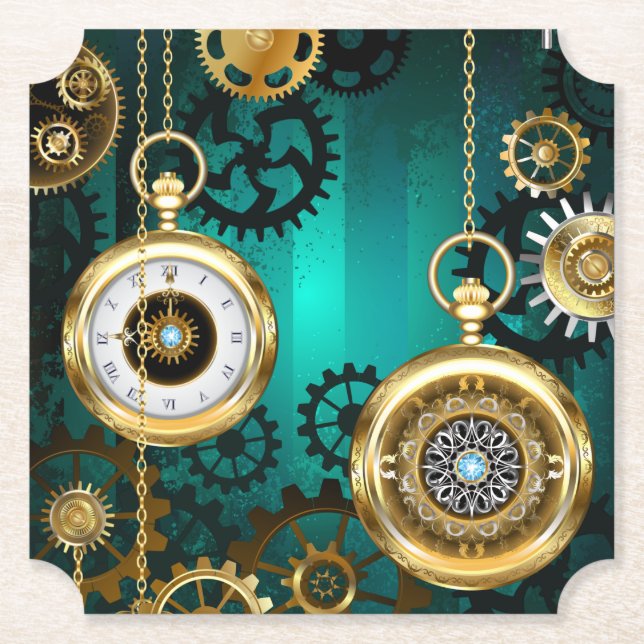 Steampunk Jewellery Watch on a Green Background Paper Coaster (Front)