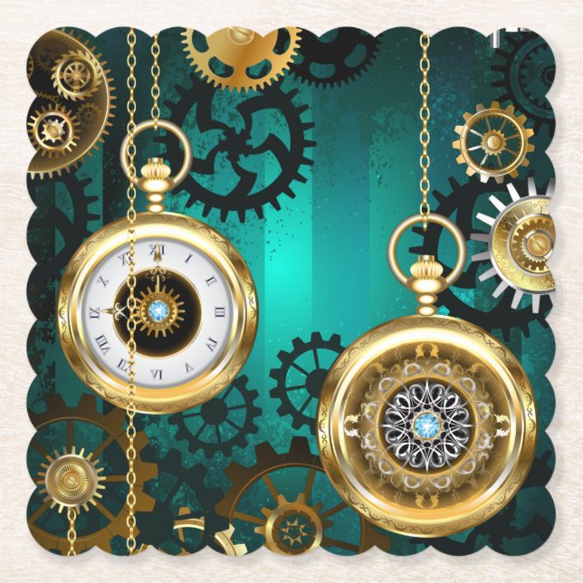 Steampunk Jewellery Watch on a Green Background Paper Coaster (Front)