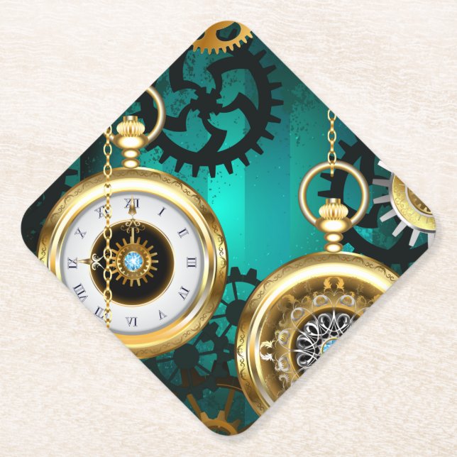 Steampunk Jewellery Watch on a Green Background Paper Coaster (Front)