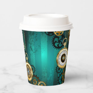 Steampunk Jewellery Watch on a Green Background Paper Cups