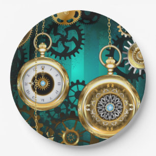 Steampunk Jewellery Watch on a Green Background Paper Plate