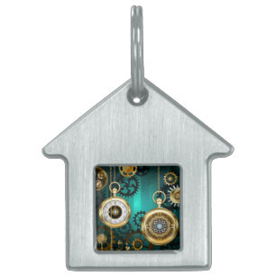Steampunk Jewellery Watch on a Green Background Pet ID Tag