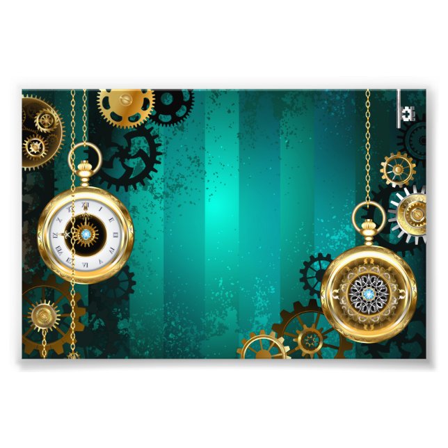 Steampunk Jewellery Watch on a Green Background Photo Print (Front)