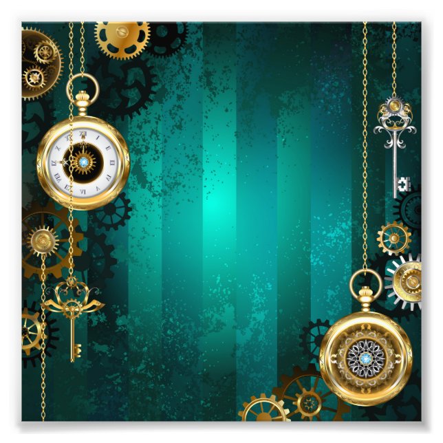 Steampunk Jewellery Watch on a Green Background Photo Print (Front)