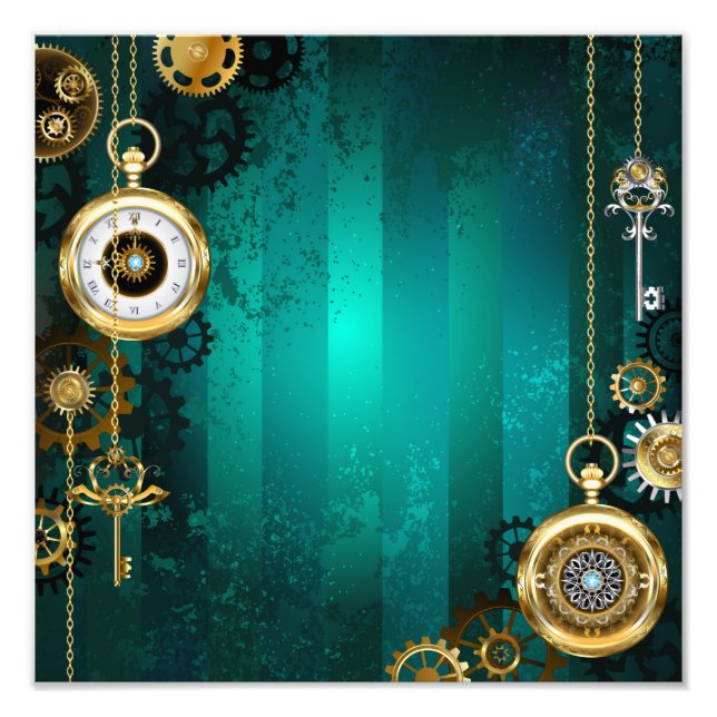 Steampunk Jewellery Watch on a Green Background Photo Print (Front)
