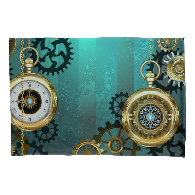 Steampunk Jewellery Watch on a Green Background Pillowcase (Front-Left)