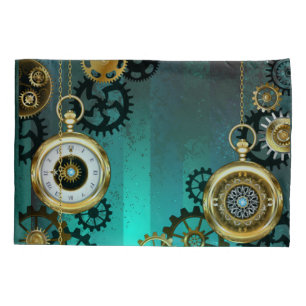 Steampunk Jewellery Watch on a Green Background Pillowcase