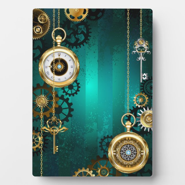 Steampunk Jewellery Watch on a Green Background Plaque (Front)