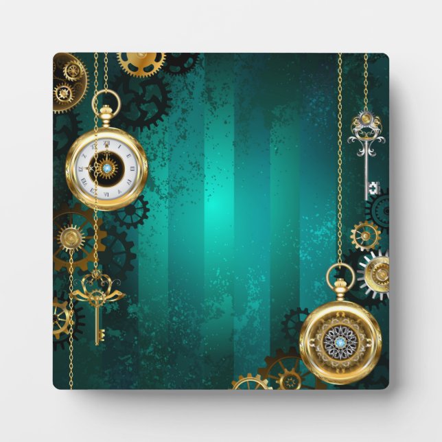 Steampunk Jewellery Watch on a Green Background Plaque (Front)