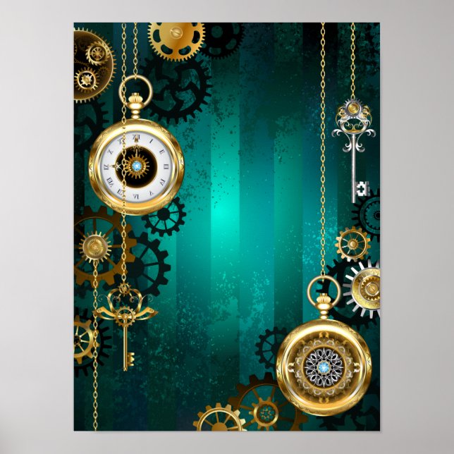 Steampunk Jewellery Watch on a Green Background Poster (Front)
