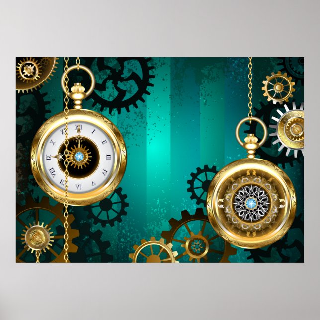 Steampunk Jewellery Watch on a Green Background Poster (Front)