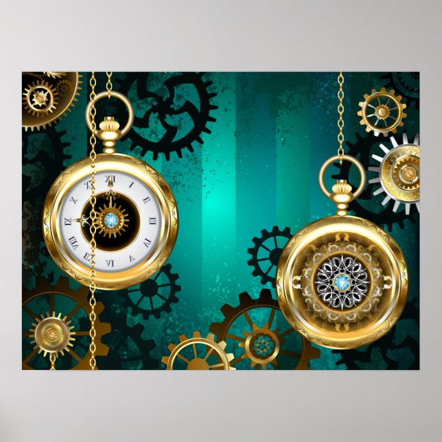 Steampunk Jewellery Watch on a Green Background Poster (Front)