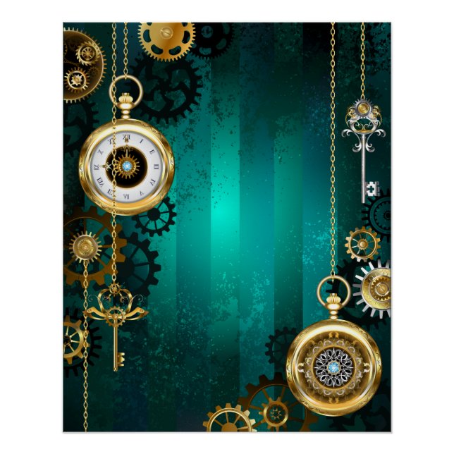 Steampunk Jewellery Watch on a Green Background Poster (Front)