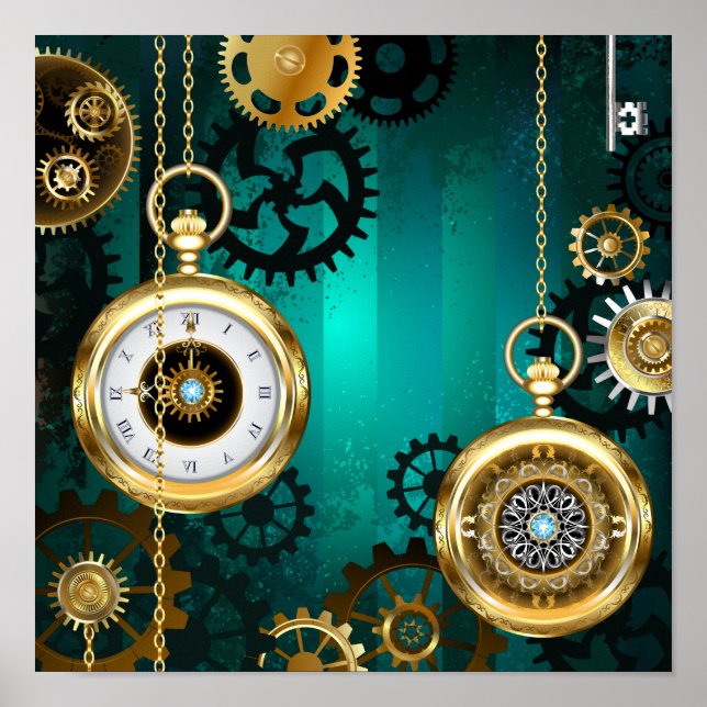 Steampunk Jewellery Watch on a Green Background Poster (Front)