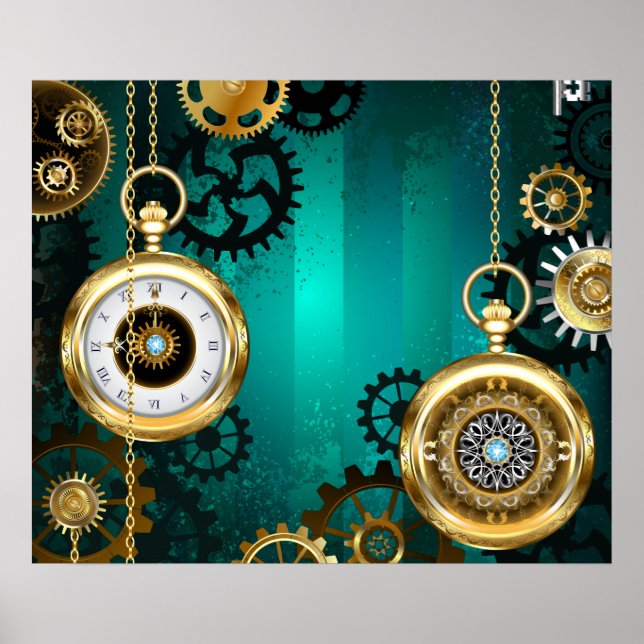 Steampunk Jewellery Watch on a Green Background Poster (Front)