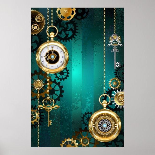 Steampunk Jewellery Watch on a Green Background Poster (Front)