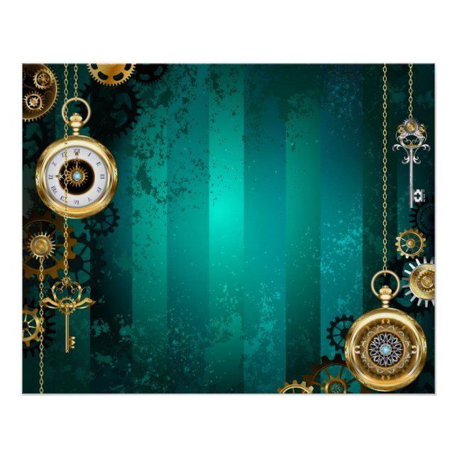 Steampunk Jewellery Watch on a Green Background Poster (Front)