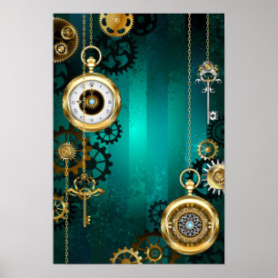 Steampunk Jewellery Watch on a Green Background Poster
