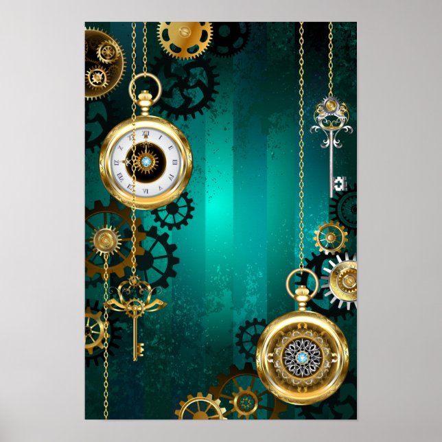 Steampunk Jewellery Watch on a Green Background Poster (Front)