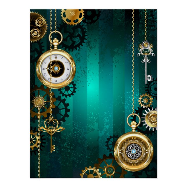 Steampunk Jewellery Watch on a Green Background Poster (Front)