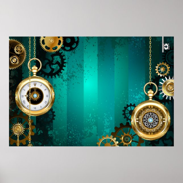 Steampunk Jewellery Watch on a Green Background Poster (Front)