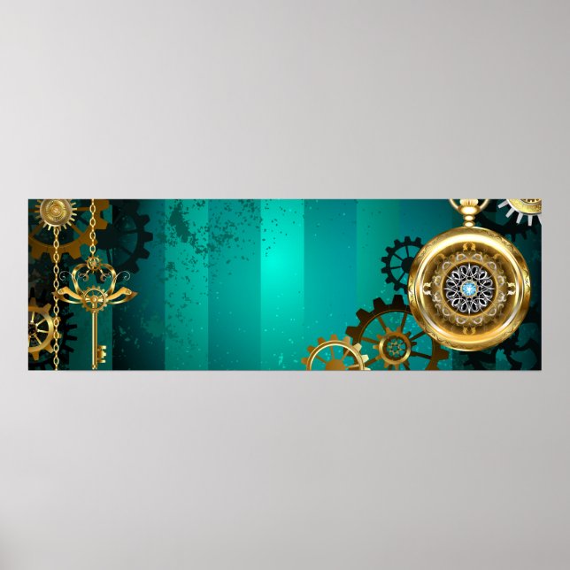 Steampunk Jewellery Watch on a Green Background Poster (Front)