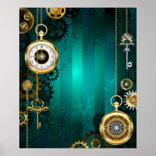 Steampunk Jewellery Watch on a Green Background Poster