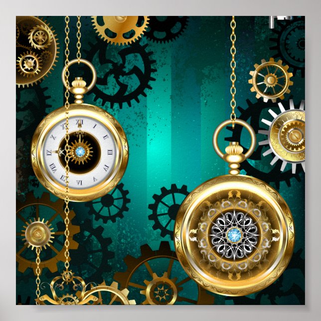 Steampunk Jewellery Watch on a Green Background Poster (Front)