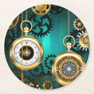 Steampunk Jewellery Watch on a Green Background Round Paper Coaster