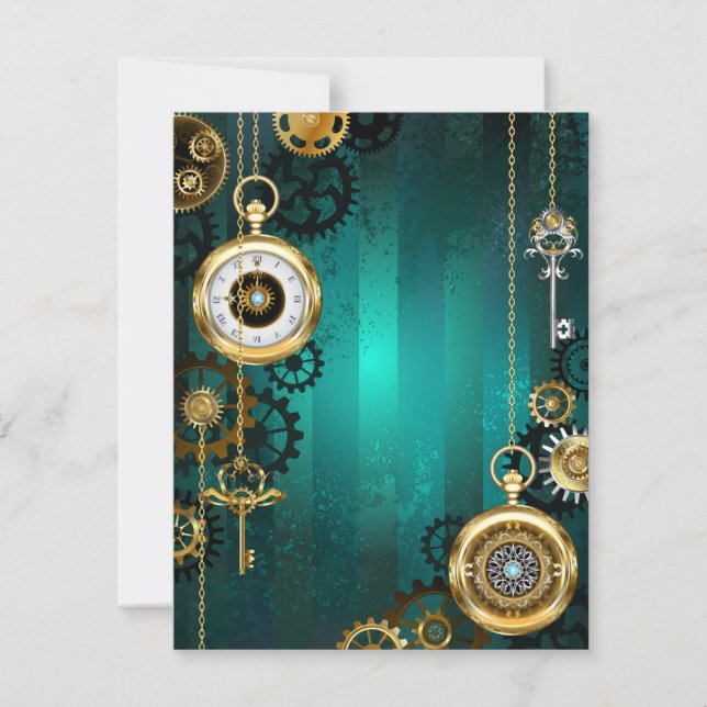 Steampunk Jewellery Watch on a Green Background RSVP Card (Front)