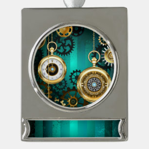 Steampunk Jewellery Watch on a Green Background Silver Plated Banner Ornament