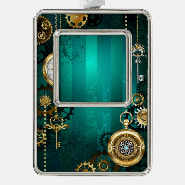 Steampunk Jewellery Watch on a Green Background Silver Plated Framed Ornament (Front)