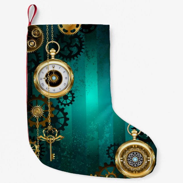 Steampunk Jewellery Watch on a Green Background Small Christmas Stocking (Front)