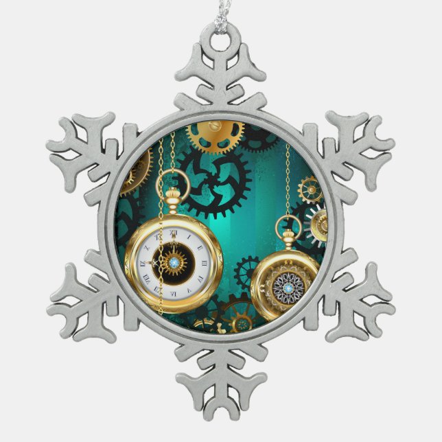 Steampunk Jewellery Watch on a Green Background Snowflake Pewter Christmas Ornament (Front)