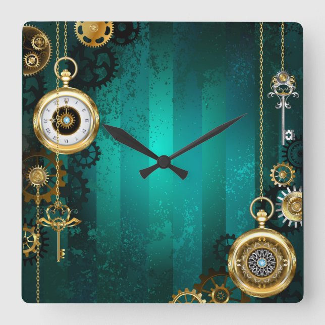Steampunk Jewellery Watch on a Green Background Square Wall Clock (Front)