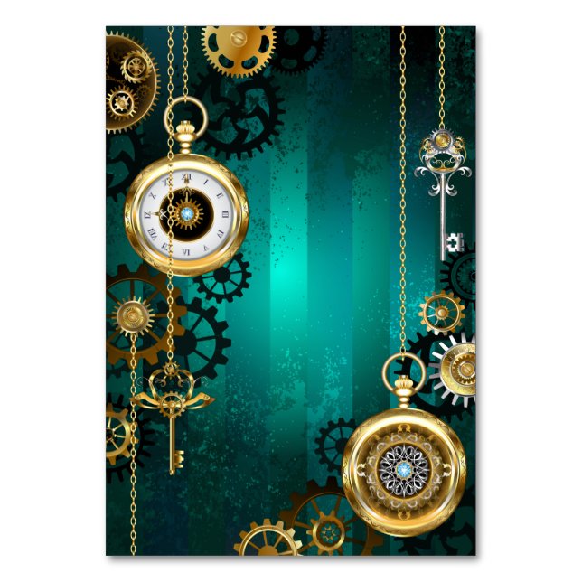 Steampunk Jewellery Watch on a Green Background Table Number (Front)