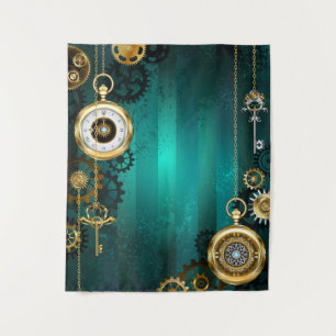 Steampunk Jewellery Watch on a Green Background Tapestry