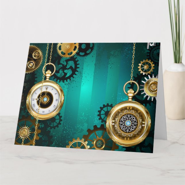 Steampunk Jewellery Watch on a Green Background Thank You Card (Front)